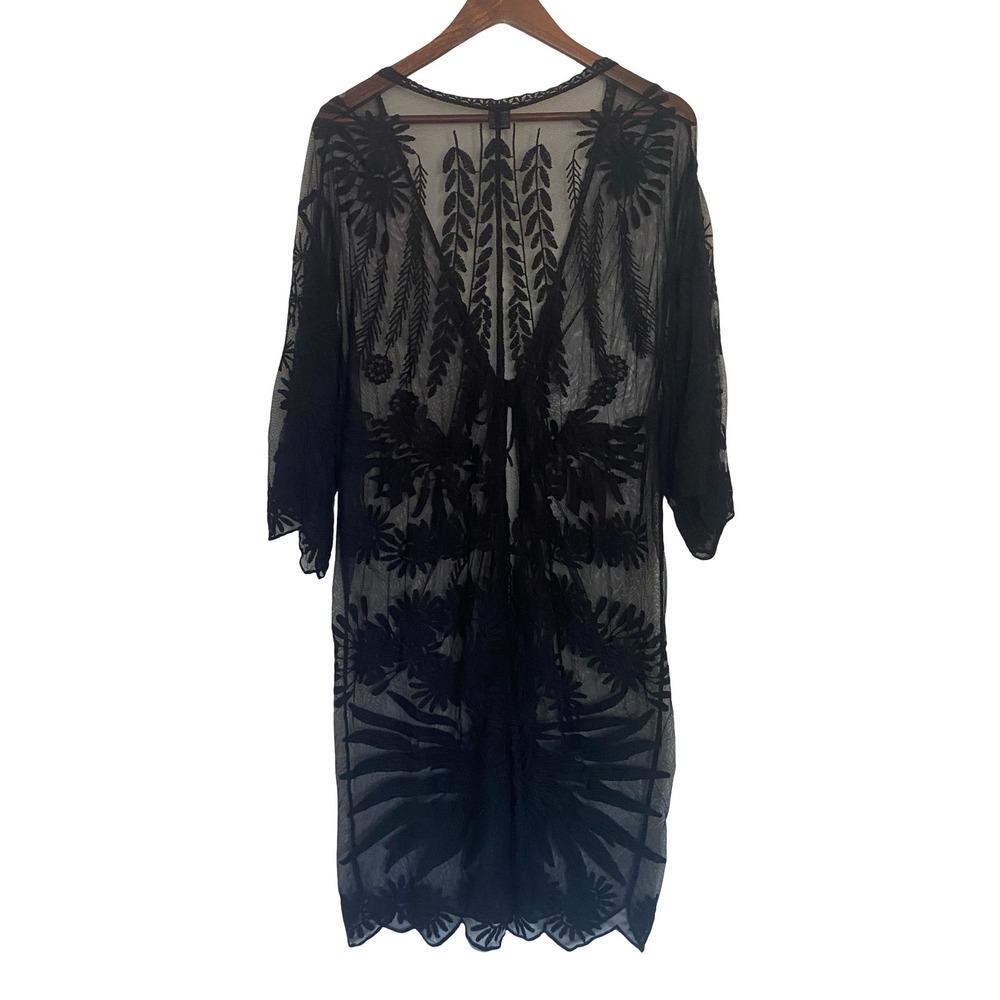 Mesh Embroidered Women Kimono One Size Black Sheer Boho Coverup